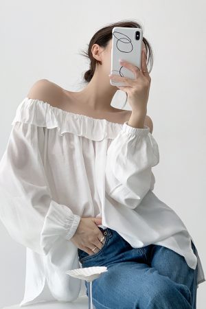 One-Shoulder Ruffled Edge White Shirt - Elegant Fairy-Inspired Lightweight Long Sleeve Sun Protection Top for Young Girls