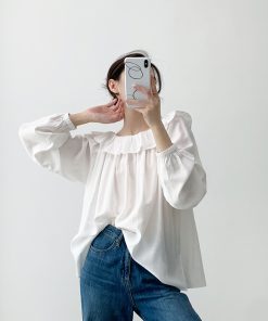 One-Shoulder Ruffled Edge White Shirt - Elegant Fairy-Inspired Lightweight Long Sleeve Sun Protection Top for Young Girls