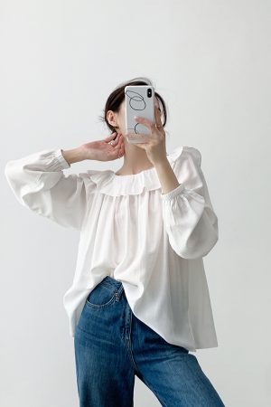 One-Shoulder Ruffled Edge White Shirt - Elegant Fairy-Inspired Lightweight Long Sleeve Sun Protection Top for Young Girls