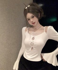 One-Shoulder Short Faux Two-Piece Top with Bell Sleeves and Lace Edge Splicing - Trendy Women's Autumn/Winter Fashion