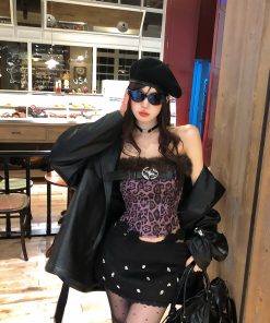 One-Shoulder Smoky Wild Cat Leopard Print Knitted Crop Top for Women - Slim Fit Autumn Winter Korean Style Fashion Top