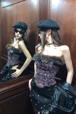 One-Shoulder Smoky Wild Cat Leopard Print Knitted Crop Top for Women - Slim Fit Autumn Winter Korean Style Fashion Top