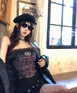 One-Shoulder Smoky Wild Cat Leopard Print Knitted Crop Top for Women - Slim Fit Autumn Winter Korean Style Fashion Top