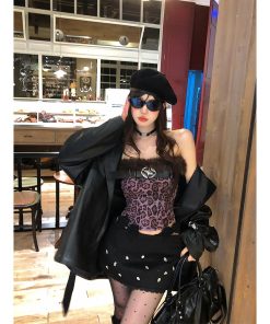 One-Shoulder Smoky Wild Cat Leopard Print Knitted Crop Top for Women - Slim Fit Autumn Winter Korean Style Fashion Top