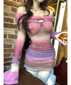 One-Shoulder Tie-Dye Bodycon Dress for Women - Slim Fit Autumn Winter Fashion, Monet Garden Inspired, Short Skirt Style