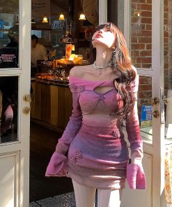 One-Shoulder Tie-Dye Bodycon Dress for Women - Slim Fit Autumn Winter Fashion, Monet Garden Inspired, Short Skirt Style