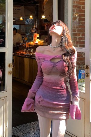 One-Shoulder Tie-Dye Bodycon Dress for Women - Slim Fit Autumn Winter Fashion, Monet Garden Inspired, Short Skirt Style