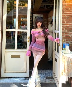 One-Shoulder Tie-Dye Bodycon Dress for Women - Slim Fit Autumn Winter Fashion, Monet Garden Inspired, Short Skirt Style