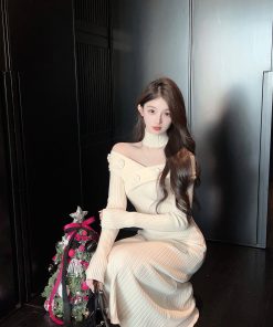 One-Shoulder White Knitted Sweater Dress - Knee-Length Thick Winter Fashion