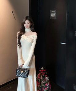 One-Shoulder White Knitted Sweater Dress - Knee-Length Thick Winter Fashion