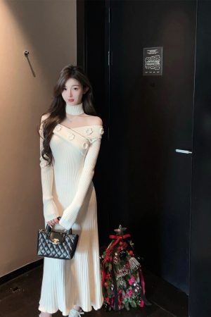 One-Shoulder White Knitted Sweater Dress - Knee-Length Thick Winter Fashion