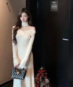 One-Shoulder White Knitted Sweater Dress - Knee-Length Thick Winter Fashion