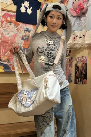 One-Shoulder Y2K Heart Crossbody Tote Bag - Girl's Large Commuter Underarm Bag for Millennium Style