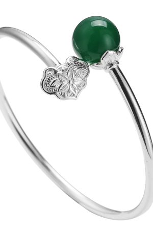Open-Ended 925 Sterling Silver Ruyi Bracelet for Women with Natural Green Agate Crystal - Simple Elegant Longevity Design