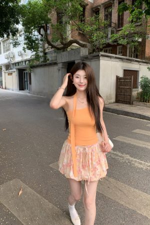 Orange Floral Tie Design Slimming Pleated Culottes Skirt - Versatile Anti-Exposure Flower Bud Style for 90s and Y2K Fashion