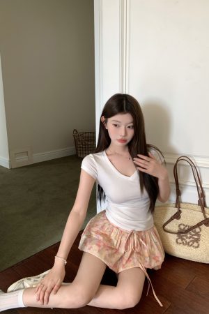 Orange Floral Tie Design Slimming Pleated Culottes Skirt - Versatile Anti-Exposure Flower Bud Style for 90s and Y2K Fashion