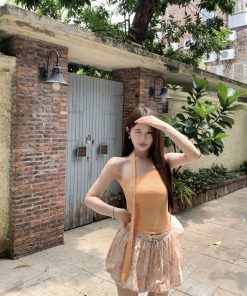 Orange Floral Tie Design Slimming Pleated Culottes Skirt - Versatile Anti-Exposure Flower Bud Style for 90s and Y2K Fashion