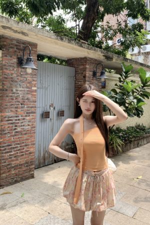 Orange Floral Tie Design Slimming Pleated Culottes Skirt - Versatile Anti-Exposure Flower Bud Style for 90s and Y2K Fashion