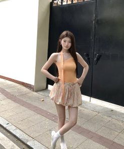 Orange Floral Tie Design Slimming Pleated Culottes Skirt - Versatile Anti-Exposure Flower Bud Style for 90s and Y2K Fashion