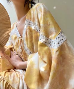 Orange French V-neck Dress for Women - Printed Long Sleeve Lace Dress with Loose Fit for Vacation Style