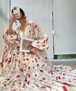 Orange French V-neck Dress for Women - Printed Long Sleeve Lace Dress with Loose Fit for Vacation Style