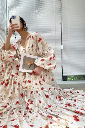 Orange French V-neck Dress for Women - Printed Long Sleeve Lace Dress with Loose Fit for Vacation Style