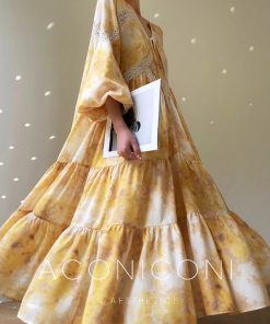 Orange French V-neck Dress for Women - Printed Long Sleeve Lace Dress with Loose Fit for Vacation Style