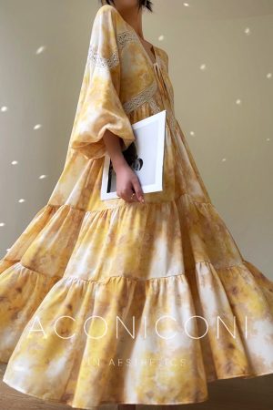 Orange French V-neck Dress for Women - Printed Long Sleeve Lace Dress with Loose Fit for Vacation Style
