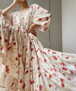 Orange French V-neck Dress for Women - Printed Long Sleeve Lace Dress with Loose Fit for Vacation Style