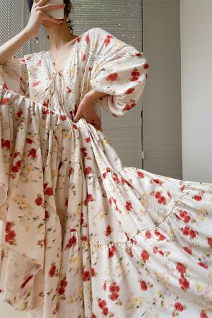 Orange French V-neck Dress for Women - Printed Long Sleeve Lace Dress with Loose Fit for Vacation Style