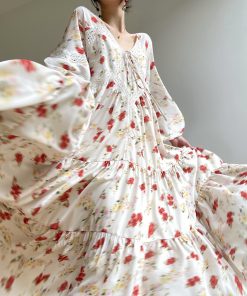 Orange French V-neck Dress for Women - Printed Long Sleeve Lace Dress with Loose Fit for Vacation Style