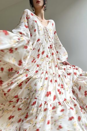 Orange French V-neck Dress for Women - Printed Long Sleeve Lace Dress with Loose Fit for Vacation Style