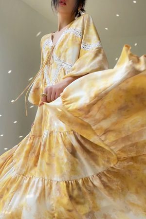 Orange French V-neck Dress for Women - Printed Long Sleeve Lace Dress with Loose Fit for Vacation Style