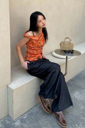 Orange Grid Punk Off-Shoulder Asymmetrical Plaid Top - Retro Slim Fit Sweet and Spicy Style for Y2K and 90s Fashion Lovers