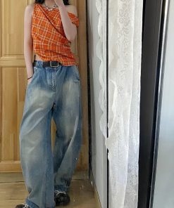 Orange Grid Punk Off-Shoulder Asymmetrical Plaid Top - Retro Slim Fit Sweet and Spicy Style for Y2K and 90s Fashion Lovers