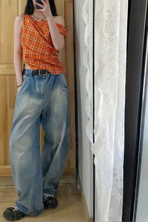 Orange Grid Punk Off-Shoulder Asymmetrical Plaid Top - Retro Slim Fit Sweet and Spicy Style for Y2K and 90s Fashion Lovers