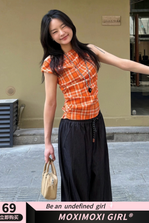 Orange Grid Punk Off-Shoulder Asymmetrical Plaid Top - Retro Slim Fit Sweet and Spicy Style for Y2K and 90s Fashion Lovers