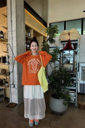 Orange Long Sleeve T-Shirt - Pumpkin Korean Style Velvet Slim-Fit Sweatshirt with Letter Print