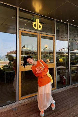 Orange Long Sleeve T-Shirt - Pumpkin Korean Style Velvet Slim-Fit Sweatshirt with Letter Print