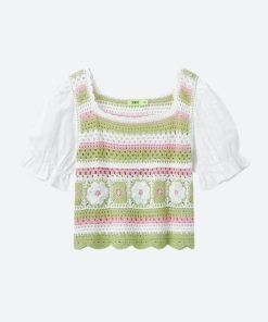 Outfit For A Walk, Tight Clothing Outfit - Soft Girl Floral Hollow Out Knitted Top