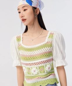 Outfit For A Walk, Tight Clothing Outfit - Soft Girl Floral Hollow Out Knitted Top