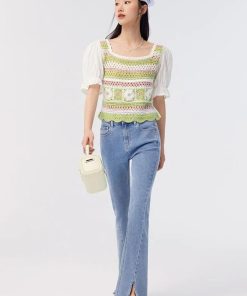 Outfit For A Walk, Tight Clothing Outfit - Soft Girl Floral Hollow Out Knitted Top