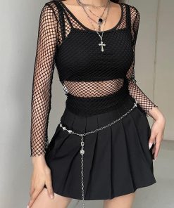 Outfit For School Spring, Cute Cardigan And Skirt - Grunge Long Sleeve Fishnet Top