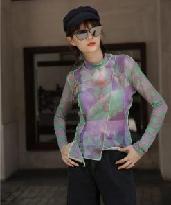 Outfit Inspo For Women, Pants And Shirts Women - Patchwork Asymmetric Mesh Top