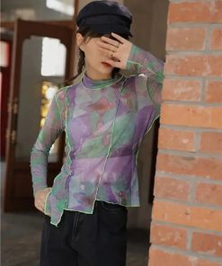 Outfit Inspo For Women, Pants And Shirts Women - Patchwork Asymmetric Mesh Top