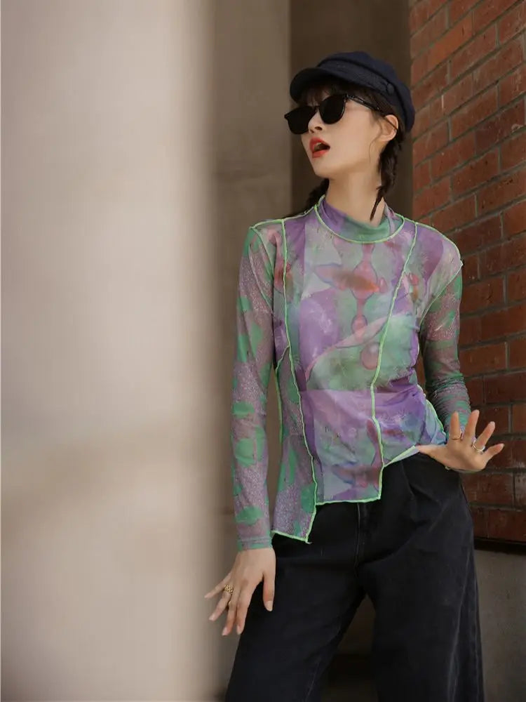 Outfit Inspo For Women, Pants And Shirts Women - Patchwork Asymmetric Mesh Top Outfit Inspo For Women, Pants And Shirts Women - Patchwork Asymmetric Mesh Top