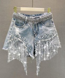 Outfit Style Inspo, Casual Chic Outfit - Disco Cowgirl Rhinestone Fringe Denim Shorts