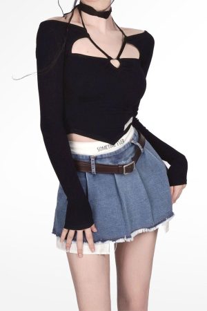 Outfit Women Aesthetic, Womens Aesthetic Outfits - Y2K Fake Two Piece Pleated Mini Skirt