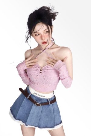 Outfit Women Aesthetic, Womens Aesthetic Outfits - Y2K Fake Two Piece Pleated Mini Skirt
