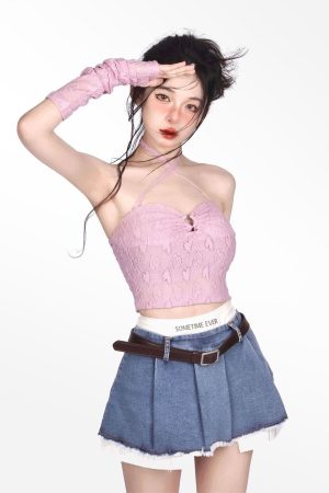 Outfit Women Aesthetic, Womens Aesthetic Outfits - Y2K Fake Two Piece Pleated Mini Skirt
